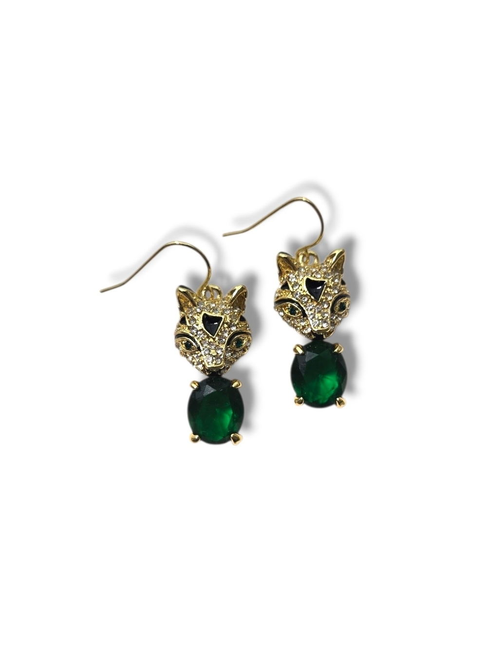 Gold Fox Head Drop Earrings with Emerald Green Stone